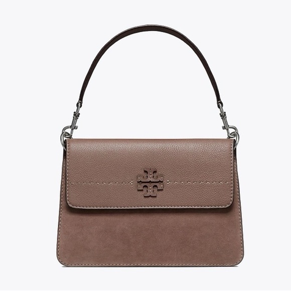NWT Tory Burch McGraw Shoulder Crossbody Bag Mixed Leather Suede Silver Maple - Picture 10 of 12